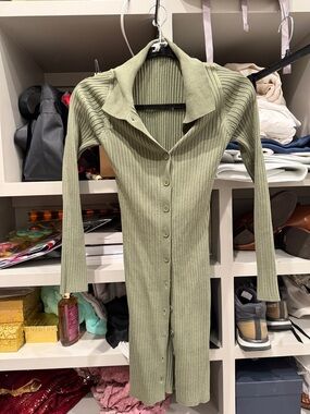 Ribbed Button-Front Knit Dress in Olive Green